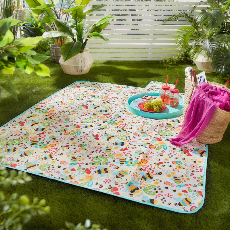 Image of Fusion 'Buzzy Bee' Bee Print Waterproof Backed Picnic Blanket Yellow