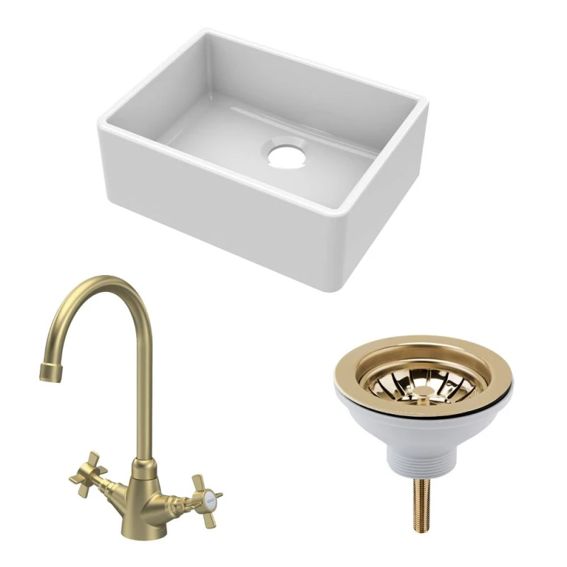 Image of Balterley Fireclay 1 Bowl Butler Sink Waste Handle Tap Brushed Brass 595mm Bronze