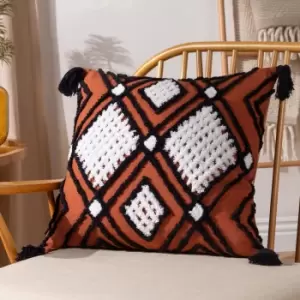 Image of Aquene Tufted Tasselled Cushion Brick/Black, Brick/Black / 50 x 50cm / Polyester Filled