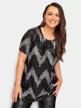 image of Yours Sequin Zig Zag Front T Shirt, Silver, Size 16, Women