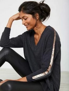 image of Mint Velvet Stripe Sequin Overarm Jumper - Charcoal