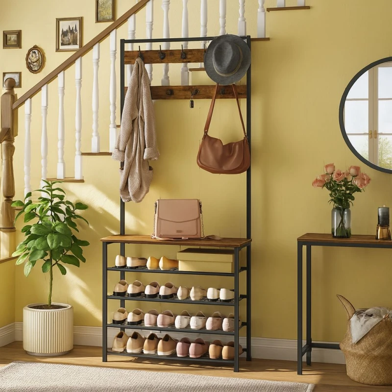 Image of Storvo Coat Rack Stand With 5 Tier Shoe Bench in Brown Brown Unisex