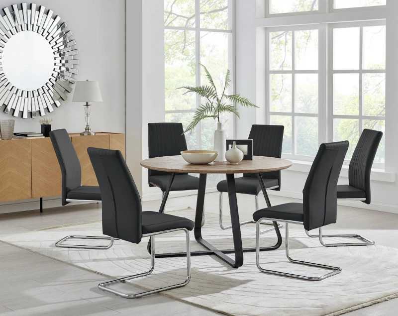 Image of FurnitureboxUK FurnitureboxUK Santorini Brown Wood Effect Dining Table & 6 Black Lorenzo Chairs Black One Size Unisex 5056657123901