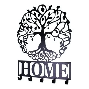 image of Black Metal Wall Plaque Tree of Life Featuring Hooks