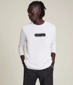 Image of AllSaints Mens Cotton Embroidered Relaxed Fit Stamp Laminate Long Sleeve Crew Neck T-Shirt, White, Size: S
