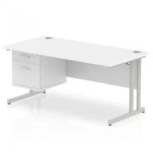 Image of Impulse 1600 Rectangle Silver Cant Leg Desk White 1 x 2 Drawer Fixed Ped