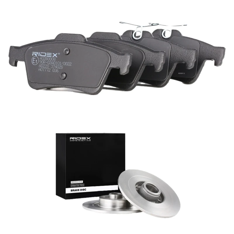 Image of RIDEX 3405B3307 Brake disc and pads set Rear Axle, Brake Disc Type: Solid, excl. wear warning contact Brake Set,disc brakes (3405)