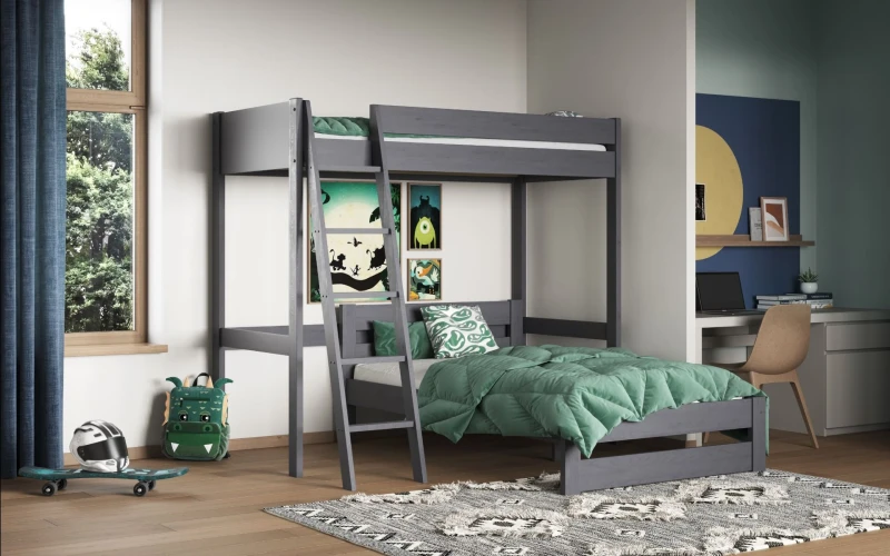 Image of Noomi Tera Solid Wood High Sleeper with Small Double Bed in Grey Size: EU Single Grey Unisex EU Single