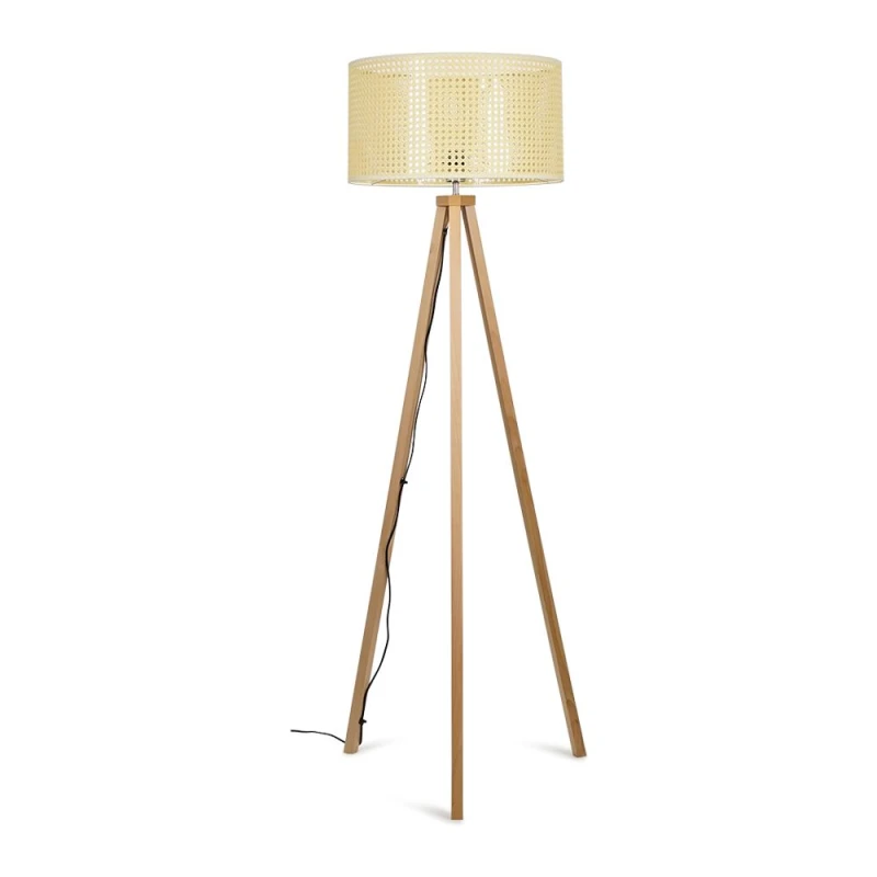 Image of ValueLights Barbro Light Wood Tripod Floor Light Lamp with Reni Drum Shade Off White