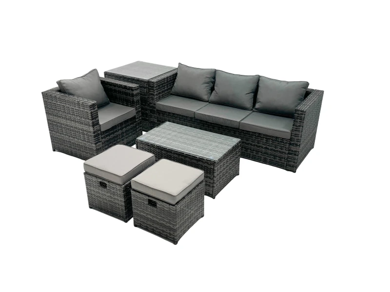 Image of Fimous Outdoor Coffee Table Sofa Set with Side Table 2 Small Footstool in Dark Grey Dark Grey Unisex