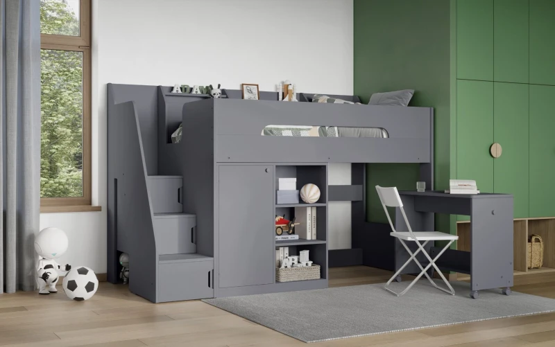 Image of Flair Stepaside Staircase High Sleeper Workstation in Grey Size: Single Grey Unisex Single