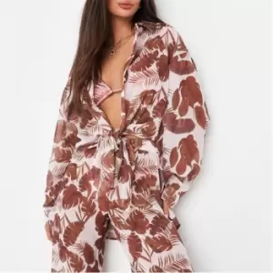 image of Missguided Palm Print Sheer Mesh Beach Cover Up Shirt - Brown