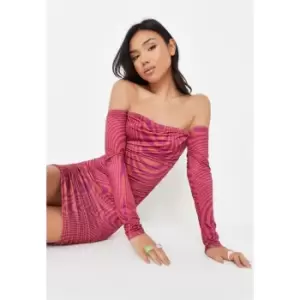 Image of Missguided Wave Print Slinky Bardot Mini Dress - Pink