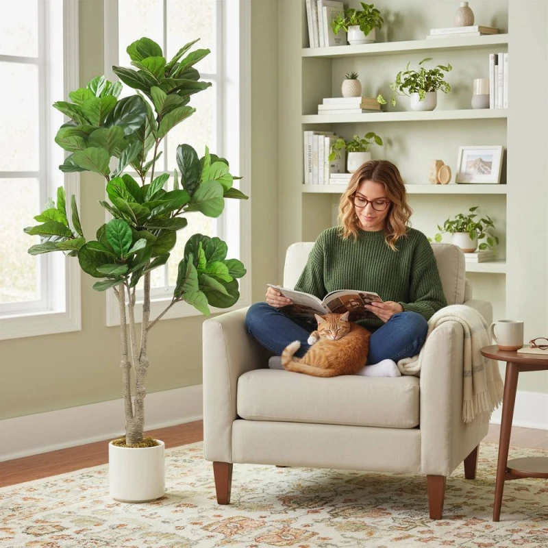 Image of HOMCOM 180cm Artificial Fiddle Leaf Fig Tree, Realistic Fake Plant, Green Green Unisex