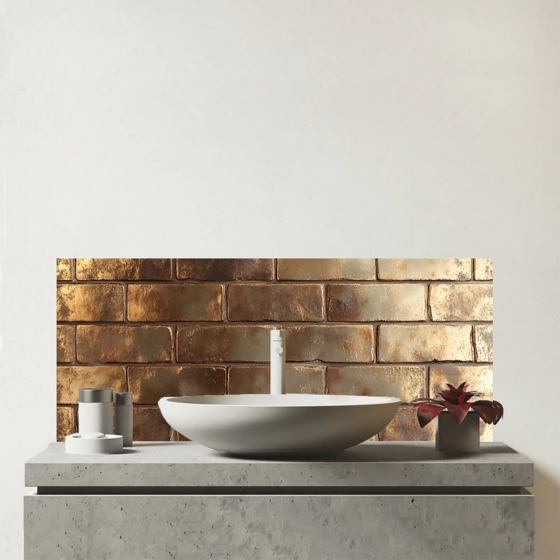 Image of Warren Reed - Designer Bronze Gold Brick Pattern Glass Bathroom Splashback in Brown Brown Unisex