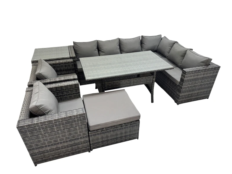 Image of Fimous 9 Seater Patio Dining Corner Sofa Sets with 2 Chairs Big Stool in Dark Grey Dark Grey Unisex