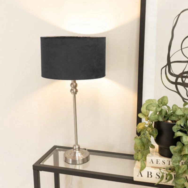 Image of ValueLights Maggie Brushed Chrome Candlestick Slim Table Lamp with Velvet Drum Lamp Shade Black