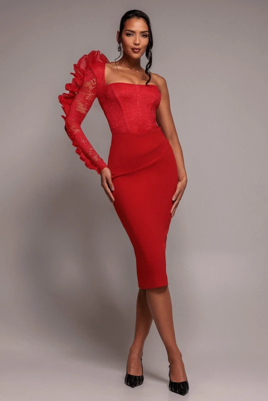 Image of Goddiva Womens One Shoulder Organza Fan Detail Lace Bodice Midi Dress in Red Size: 8 Red Female 8
