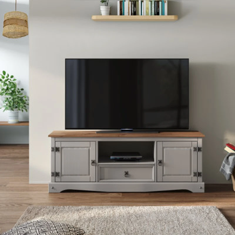 Image of Mercers Furniture Corona Grey Wax Widescreen TV Unit 2 Door 1 Drawer Media Unit Solid Pine With Mexican Styling, Grey 2TONE119