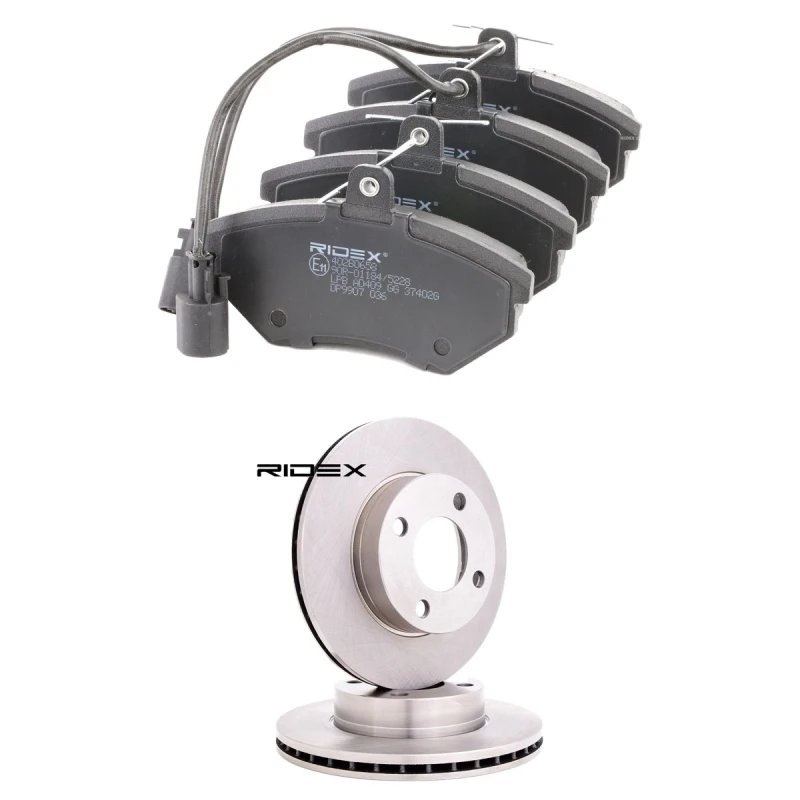 Image of RIDEX 3405B2601 Brake disc and pads set Front Axle, Brake Disc Type: internally vented, incl. wear warning contact Brake Set,disc brakes (3405)