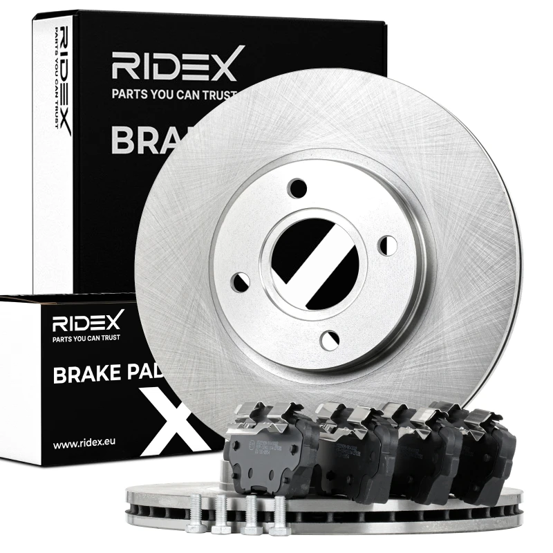 Image of RIDEX 3405B1003 Brake disc and pads set Front Axle, Brake Disc Type: Vented, not prepared for wear warning indicator, with anti-squeak plate Brake Se