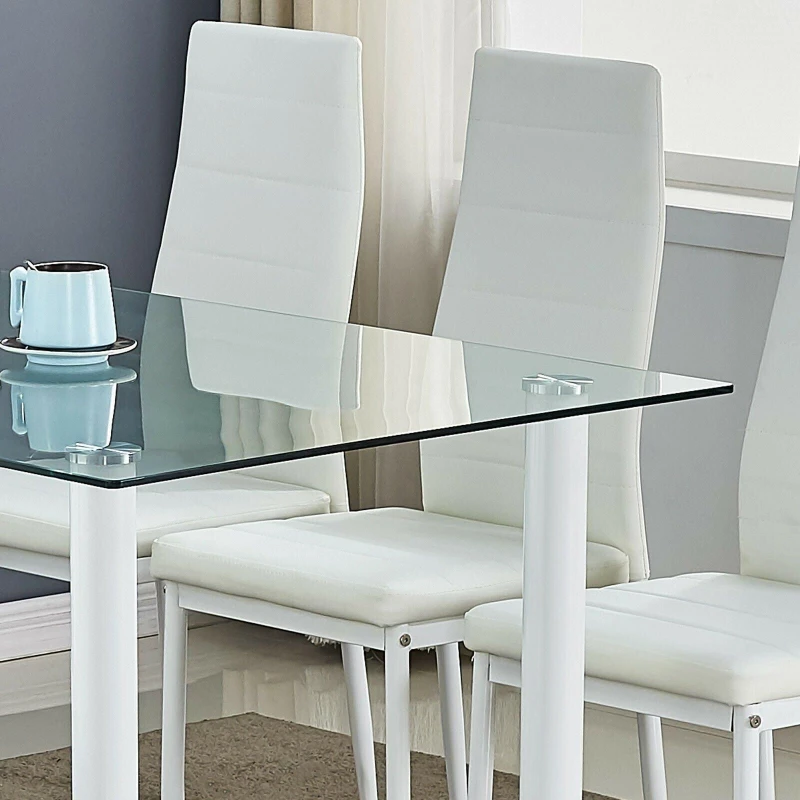 Image of KOSY KOALA Glass Kitchen Dining Table With 4 Leather Padded Chairs White
