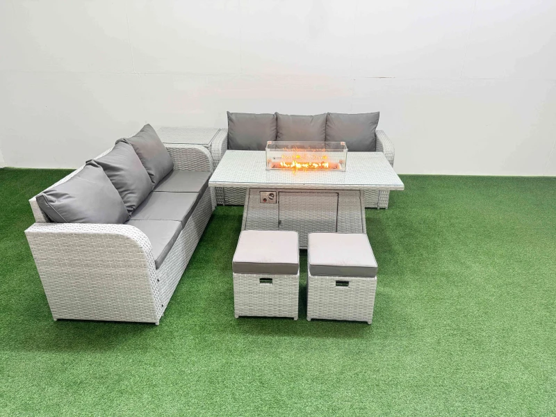Image of Fimous Outdoor Garden Furniture Sets 8 Seater Wicker Rattan Furniture Sofa Sets with Firepit Dining Table high Back Lounge Sofa Stools Side Table Ligh