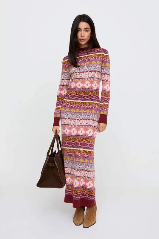 Image of Raffya Womens Elvis Longline Folk Jacquard Maxi Dress In Multi Size: 8 Multicolor Female 8