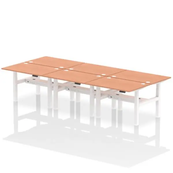 Image of Air Air Back-to-Back 1200 x 800mm Height Adjustable 6 Person Bench Desk Beech Top with Cable Ports White Frame HASCP6P12800BCHW
