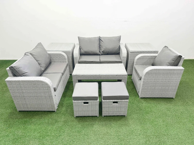 Image of Fimous High Back Poly Rattan Garden Furniture Set with Reclining Chair Loveseat Sofa Oblong Coffee Table Indoor Outdoor Patio Set 2 Stool 2 Side Tabl