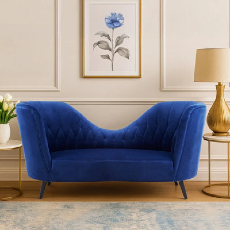 Image of Orsina Midnight Blue Velvet Chaise Lounge, Quilted Curved Backrest Chaise With Hardwood Legs, Velvet Lounge Chair