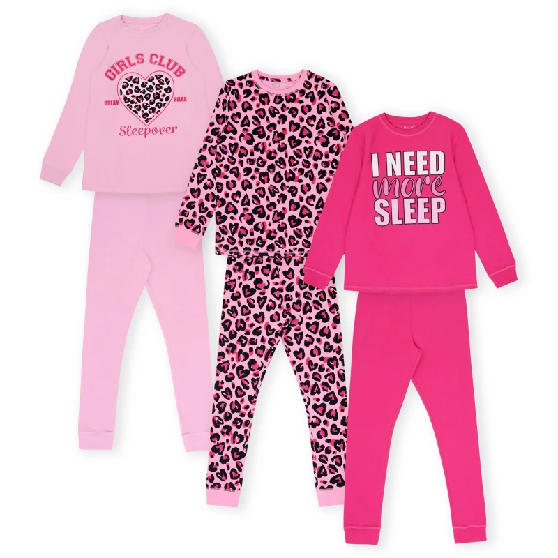Image of Miso Girls 3 Pack Leopard Pyjama Set - Pink Pink 6 - 7 Years