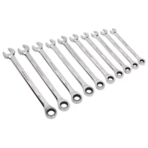 image of Sealey AK63914 Combination Ratchet Spanner Set 10pc Extra-Long Metric