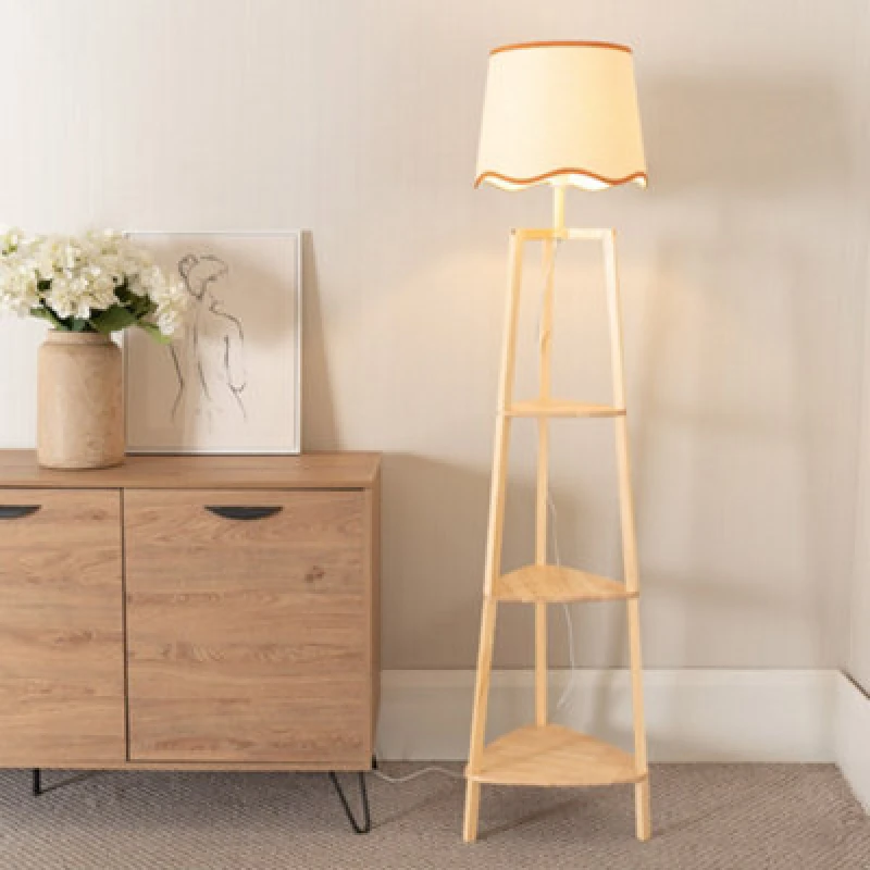 Image of ValueLights Hiru Three Tier Wooden Floor with Linen Trim Scallop Tapered Shade & LED Bulb Burnt Orange