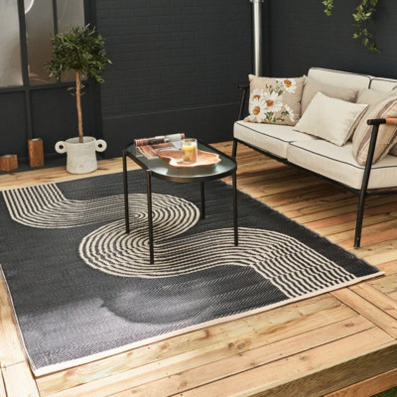 Image of The Rugs Urban Reversible Two Sided Waterproof Abstract Outdoor Patio Garden Rug Black&beige Weatherproof Jet Washable 1010