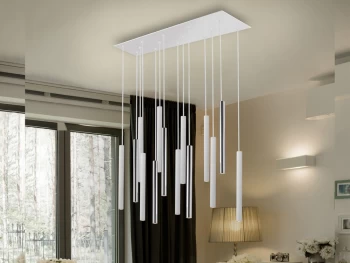 image of Varas Ultra Slim 14 Light Suspension Hanging Light, Chrome & Matt White Finish, Maximum Height 3 meters