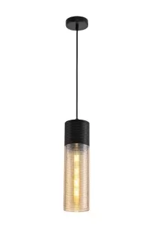 Image of Single Tube Ceiling Pendant 1 Light E27, Black, Amber Glass