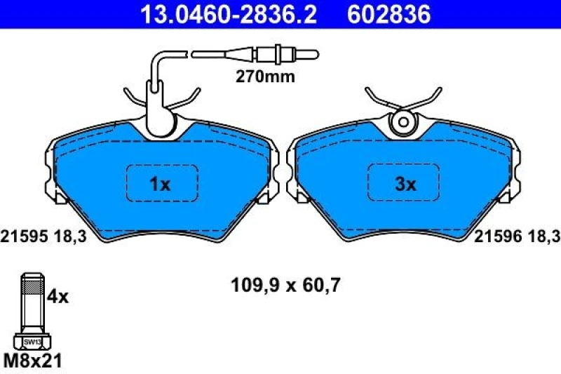 Image of ATE 13.0460-2836.2 Brake pad set incl. wear warning contact, with brake caliper screws Brake Pad Set,disc brake (402)