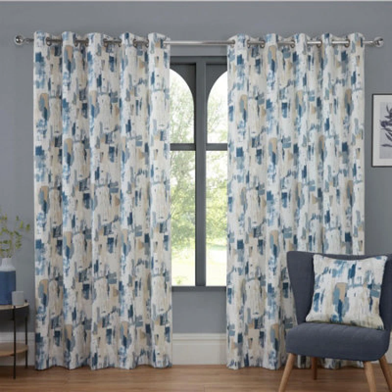 Image of Sundour Bamford Fully Lined Ready Made Abstract Eyelet Curtains Cobalt 90X90"