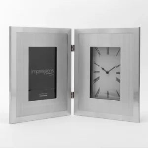 Image of Double Aluminium Silver Photo Frame & Clock 4" x 6"