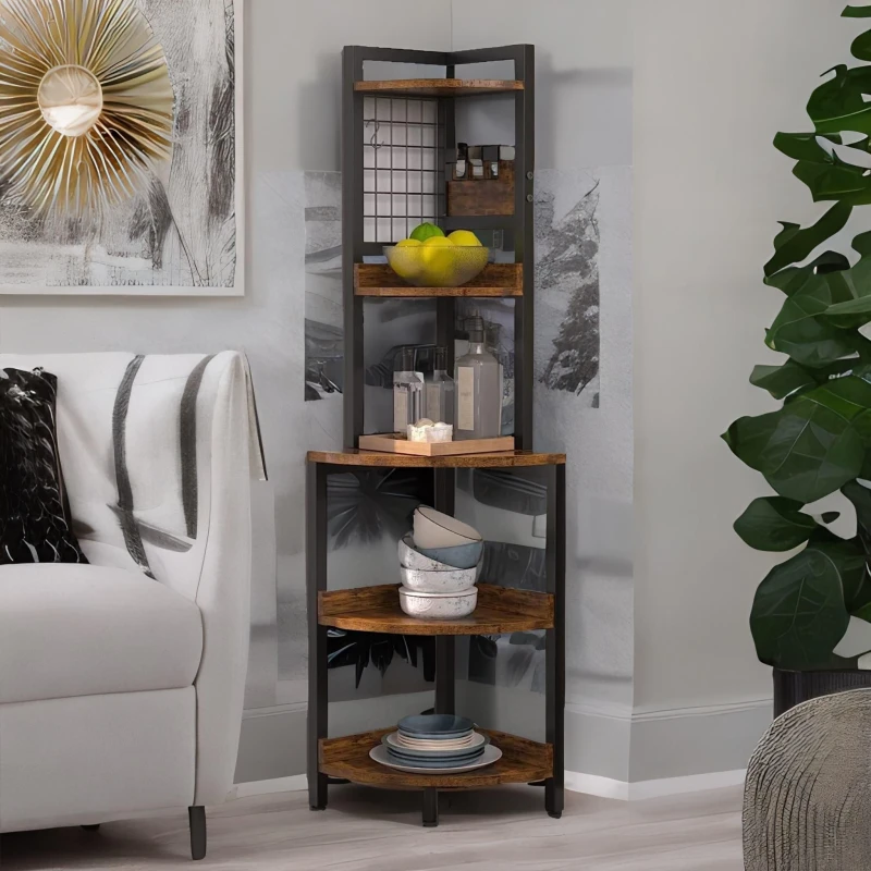 Image of Rafaelo Mobilia Industrial Free-Standing 5 Tier Corner Shelf Rustic Brown Brown Unisex