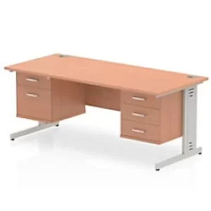 Image of Dynamic Rectangular Office Desk Beech MFC Cable Managed Cantilever Leg Silver Frame 1 x 2 Drawer 1 x 3 Drawer Fixed Ped 1600 x 800 x 730mm
