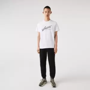 Image of Lacoste Mens Signature And Crocodile Print Crew Neck Cotton T-Shirt Size 3 - S White