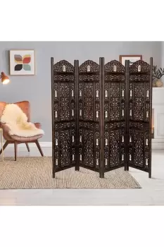 Image of 4 Panel Carved Wooden Room Divider Screen Bells Design 183 x 202 cm