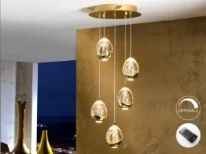 image of Roc Integrated LED 5 Light Dimmable Crystal Cluster Drop Ceiling Pendant with Remote Control Gold