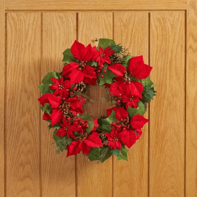 Image of 40cm Red Hanging Christmas Poinsettia Wreath with Berries and Pinecones