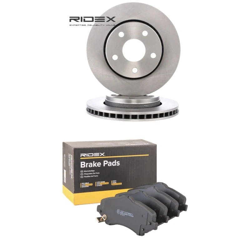 Image of RIDEX 3405B2687 Brake disc and pads set Front Axle, Brake Disc Type: Externally Vented, with acoustic wear warning Brake Set,disc brakes (3405)