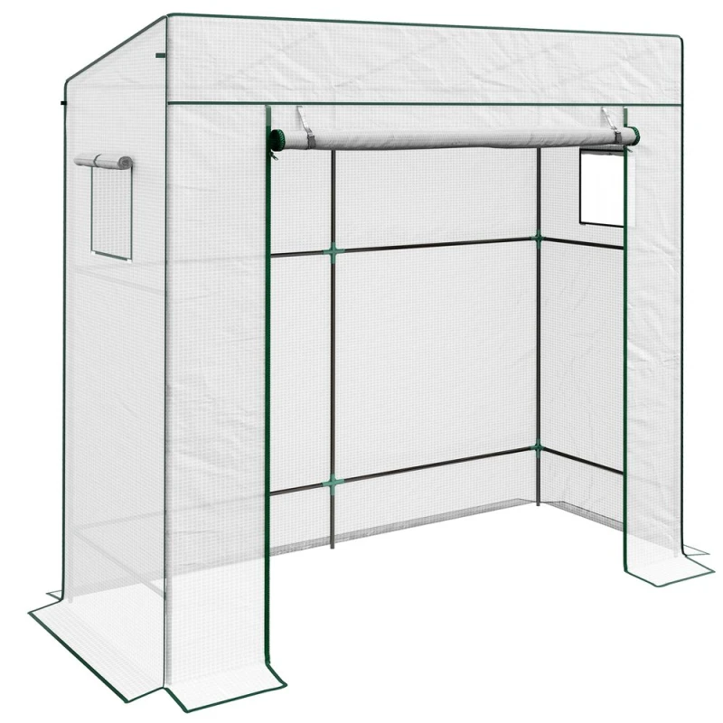 Image of Outsunny Walk-in Garden Green House with Large Roll-up Door and 2 Mesh Windows White - White 5056725378356