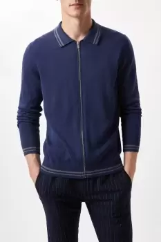 Pure Cotton Blue Tipped Long Sleeve Zip Knitted Shirt