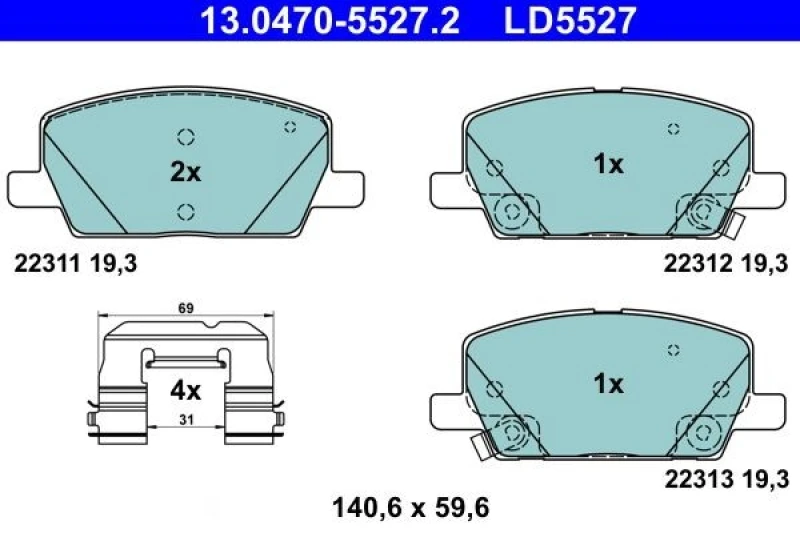 Image of ATE 13.0470-5527.2 Brake pad set Ceramic with acoustic wear warning, with accessories Brake Pad Set,disc brake (402)